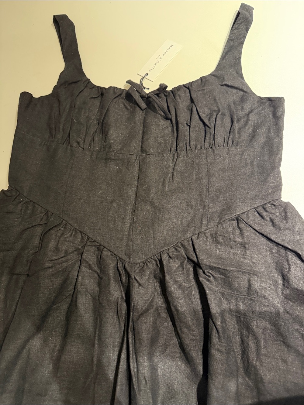 Sleeveless Charcoal Linen Blend Dress with Gathered Bodice